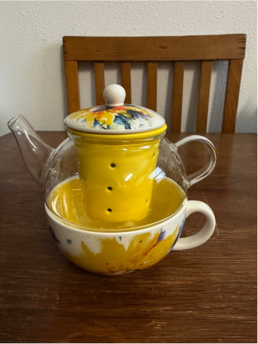 Dean Crouser Sunflower Tea For One Set Glass Teapot Ceramic Cup Infuser Floral T